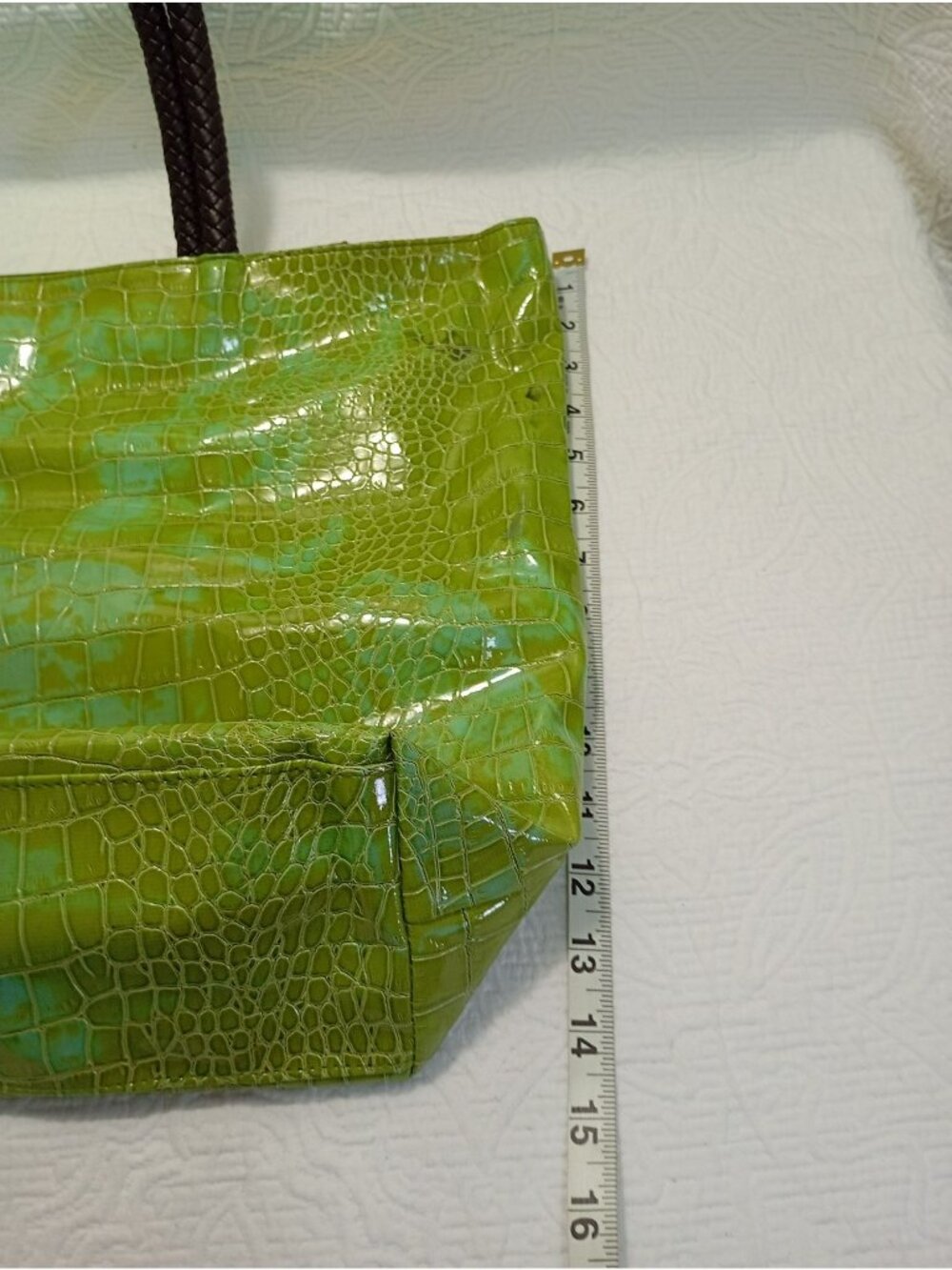 Neiman Marcus Green Croc-Embossed Vinyl Tote Bag With Brown Braided Handles - Picture 10 of 12